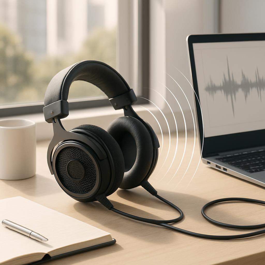 (Alternate Text: Black wireless headphones with a highlighted white sound wave and a laptop in the background.) stall text...