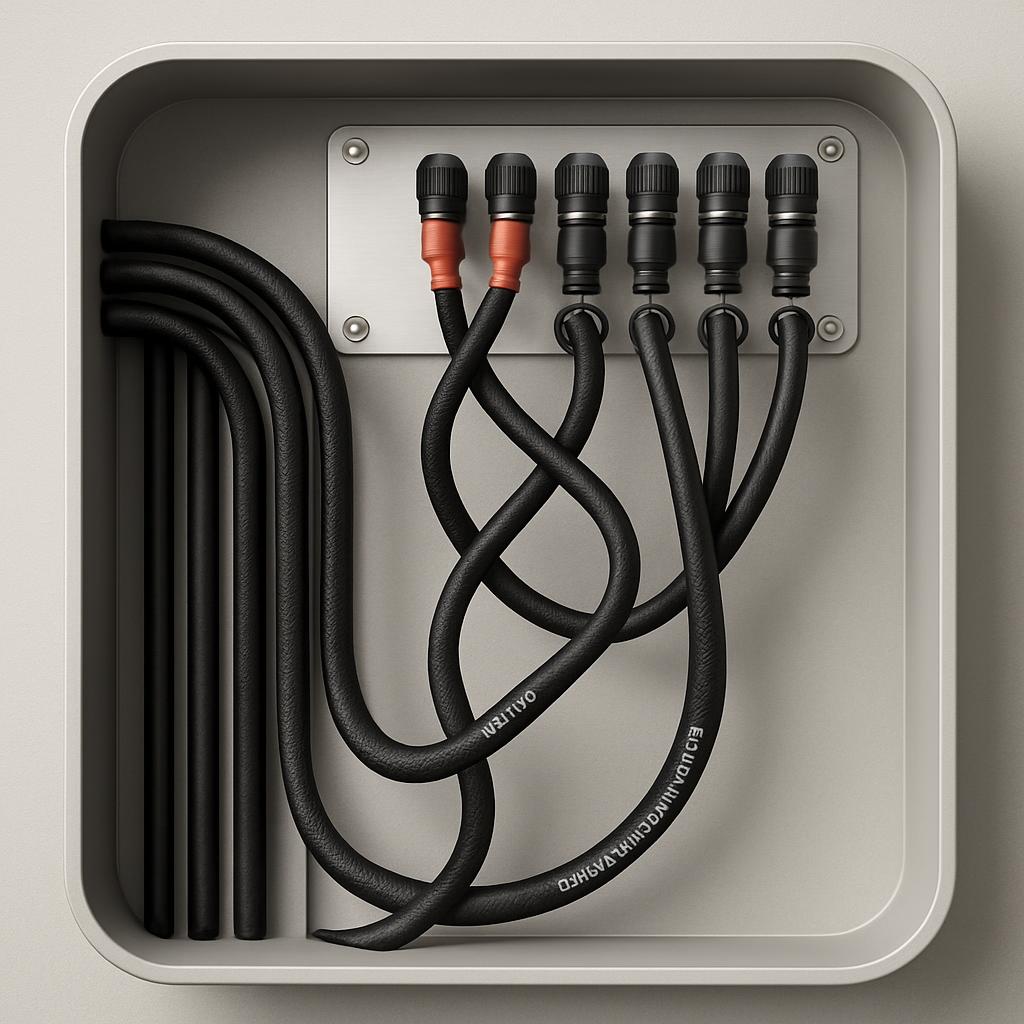 black cables in an electrical panel ready to be routed to endpoints